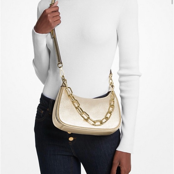 Michael Kors Cora Metallic Leather Crossbody Shoulder Bag Golden - EUC - Picture 1 of 14